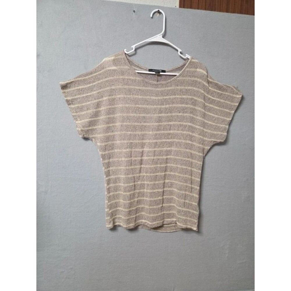 Forever 21 Beige & Cream Striped Short Sleeve Dolman Knit Top - Size Large